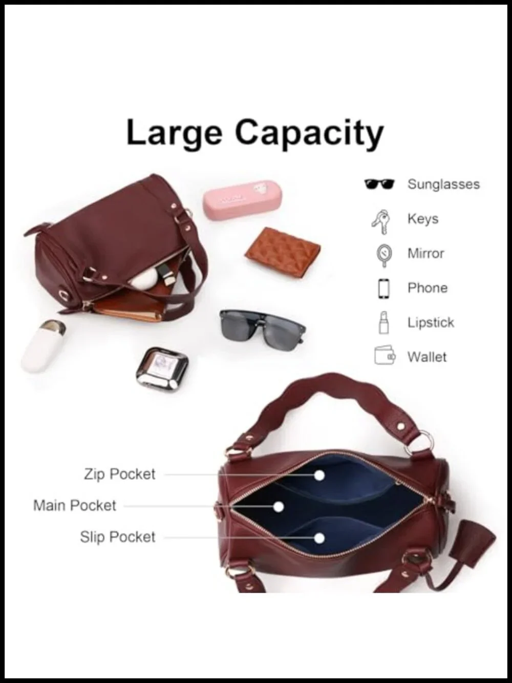 PU Leather Boston Crossbody Bag Top Handle Satchel Adjustable Strap Barrel Purse